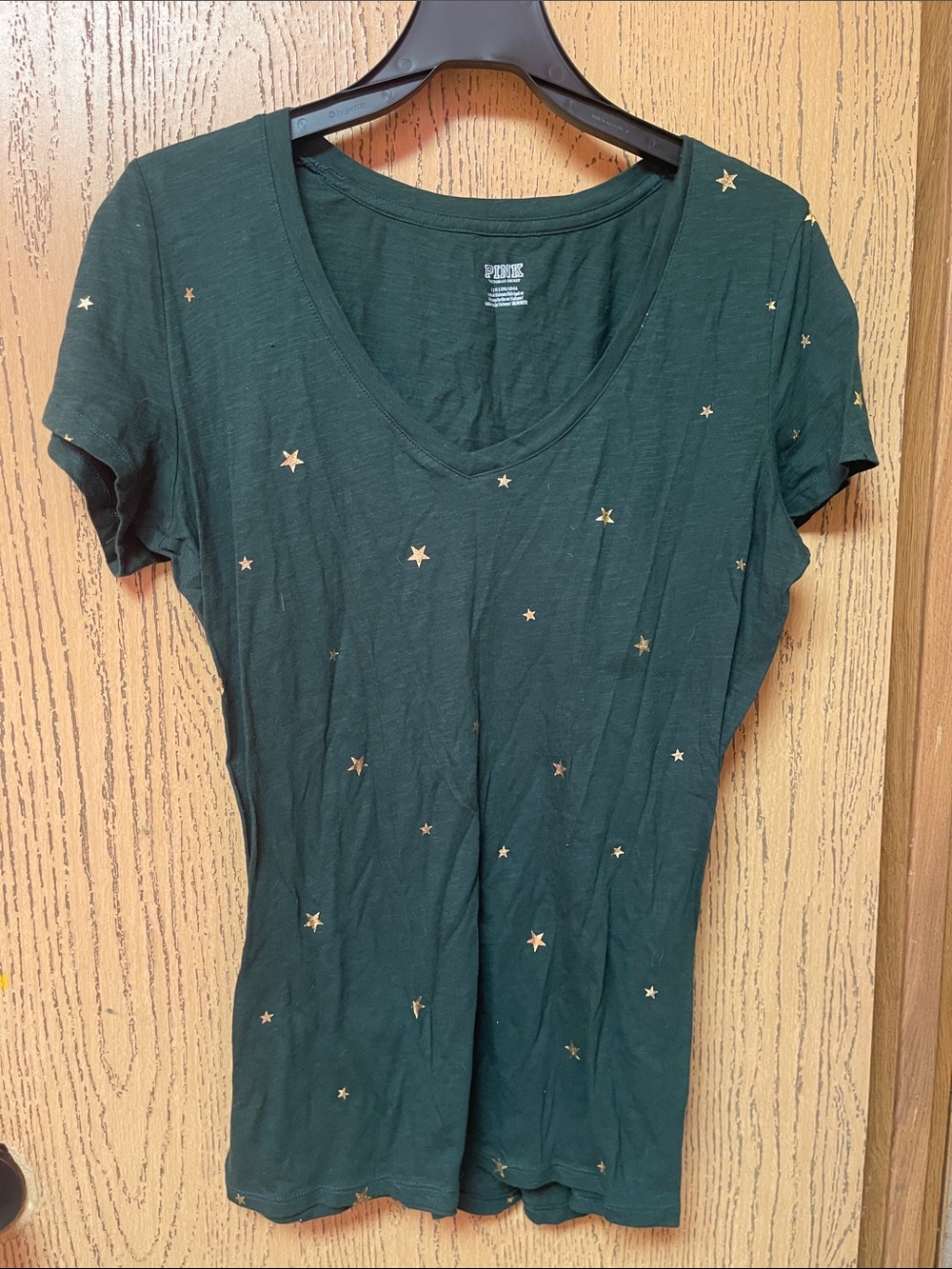 PINK Victoria's Secret Forest Green V-Neck Tee with Gold Star Print